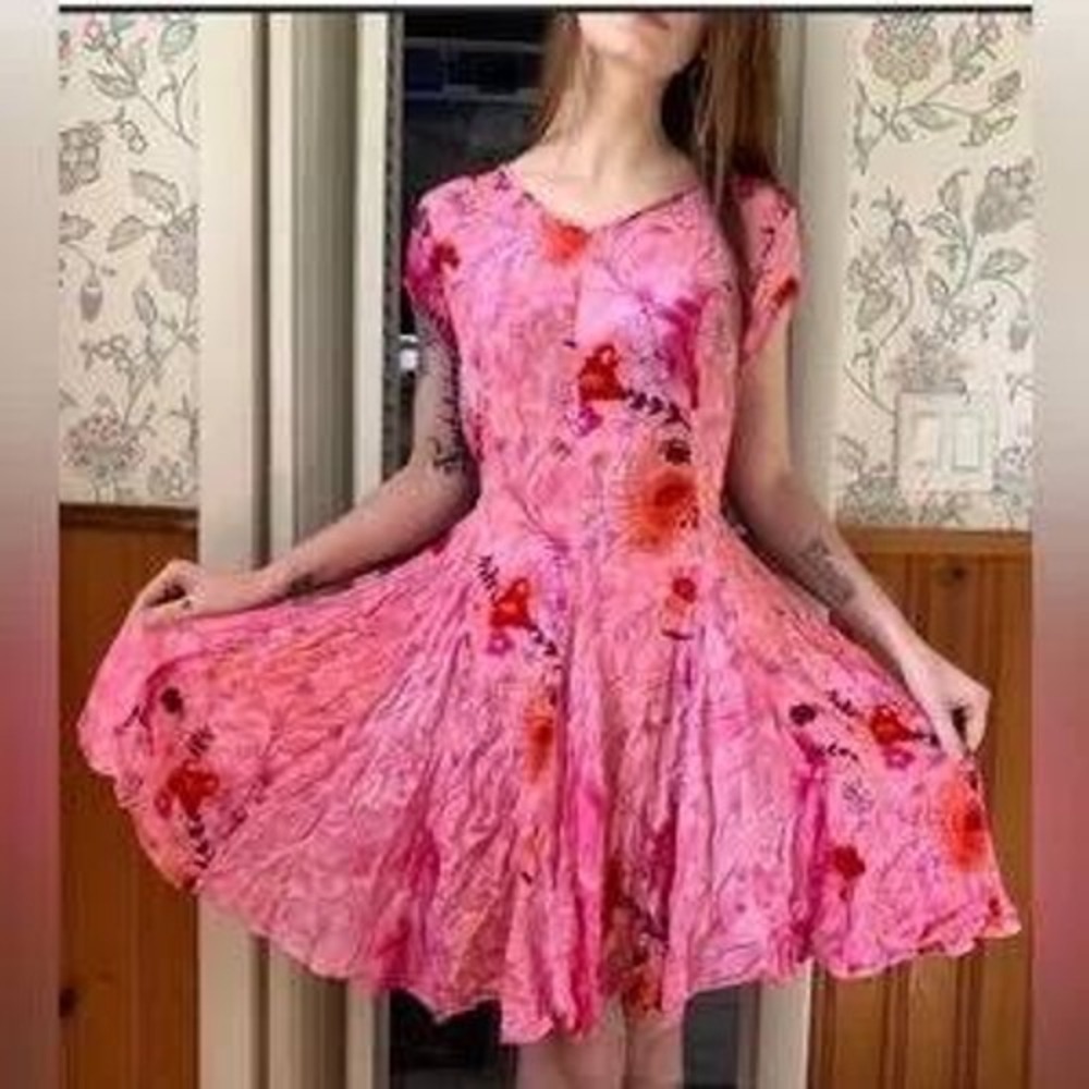 Bila Pink Tie Dye Floral Rayon Mini Dress V-Neck Cap Sleeve Boho Fairy Hippie M